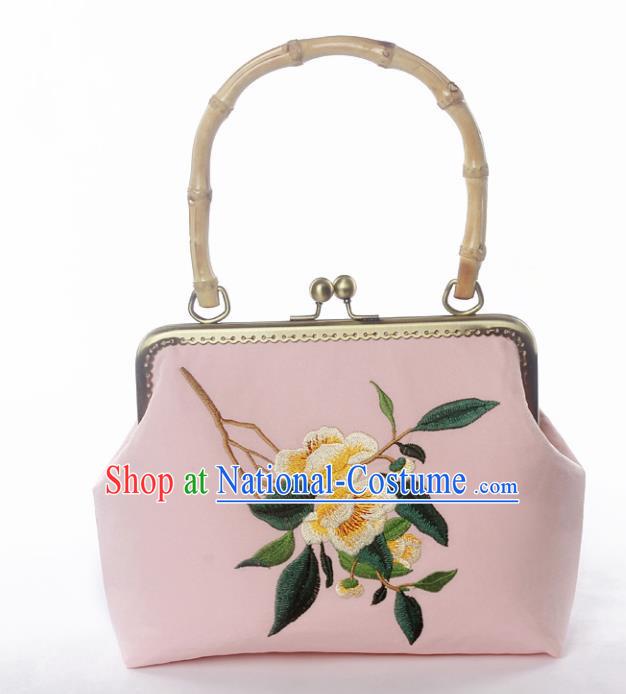 Chinese Traditional Handmade Embroidered Camellia Pink Bags Retro Handbag for Women