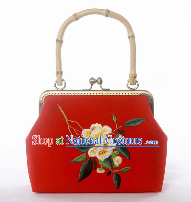 Chinese Traditional Handmade Embroidered Camellia Red Bags Retro Handbag for Women