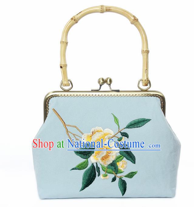 Chinese Traditional Handmade Embroidered Camellia Blue Bags Retro Handbag for Women