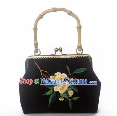 Chinese Traditional Handmade Embroidered Camellia Black Bags Retro Handbag for Women