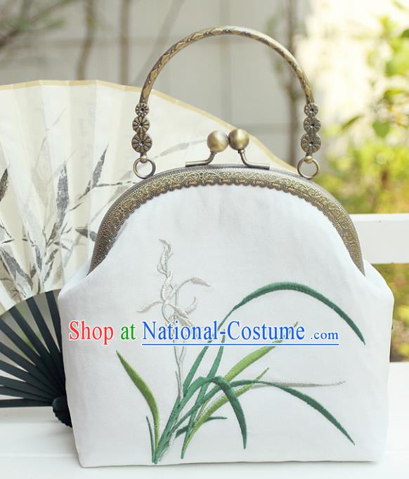 Chinese Traditional Handmade Embroidered Orchid White Bag Retro Handbag for Women