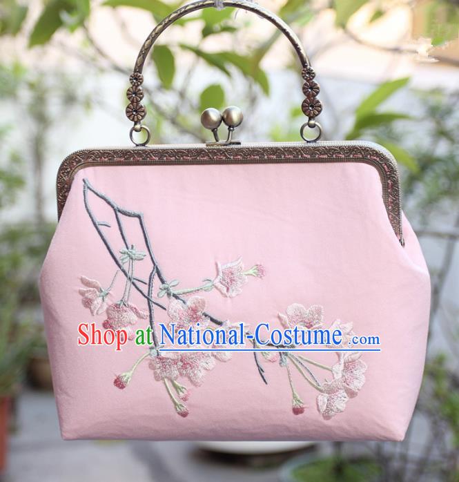 Chinese Traditional Handmade Embroidered Peach Blossom Pink Bag Retro Handbag for Women