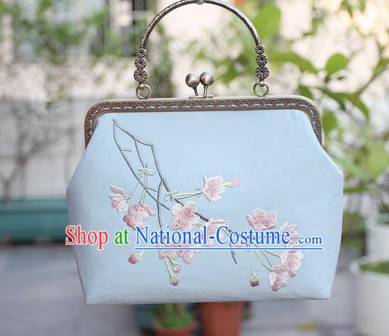 Chinese Traditional Handmade Embroidered Peach Blossom Blue Bag Retro Handbag for Women