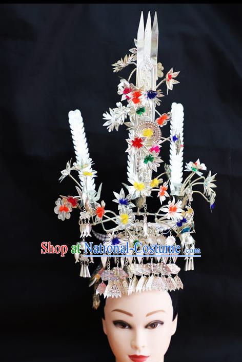 Chinese Traditional Miao Nationality Hair Accessories Colorful Phoenix Coronet Hmong Carving Sliver Hairpins for Women