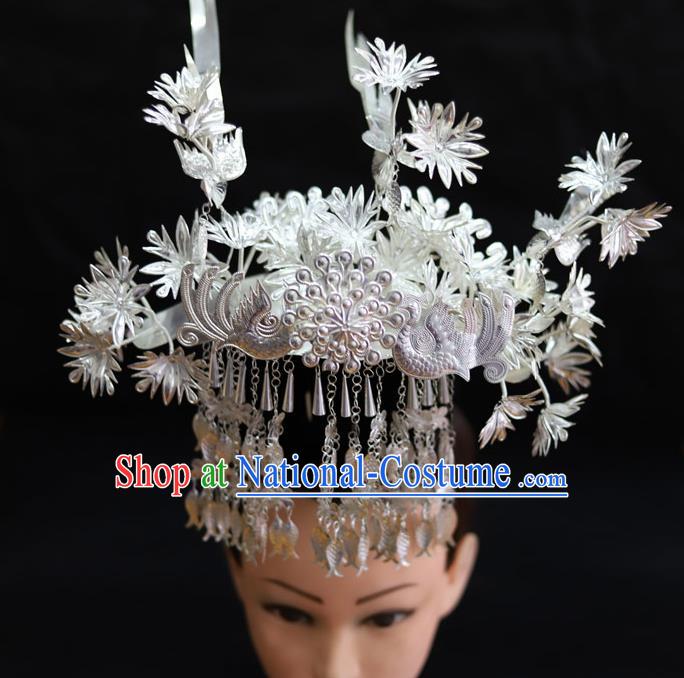 Chinese Traditional Miao Nationality Hair Accessories Carving Sliver Phoenix Coronet Hairpins for Women