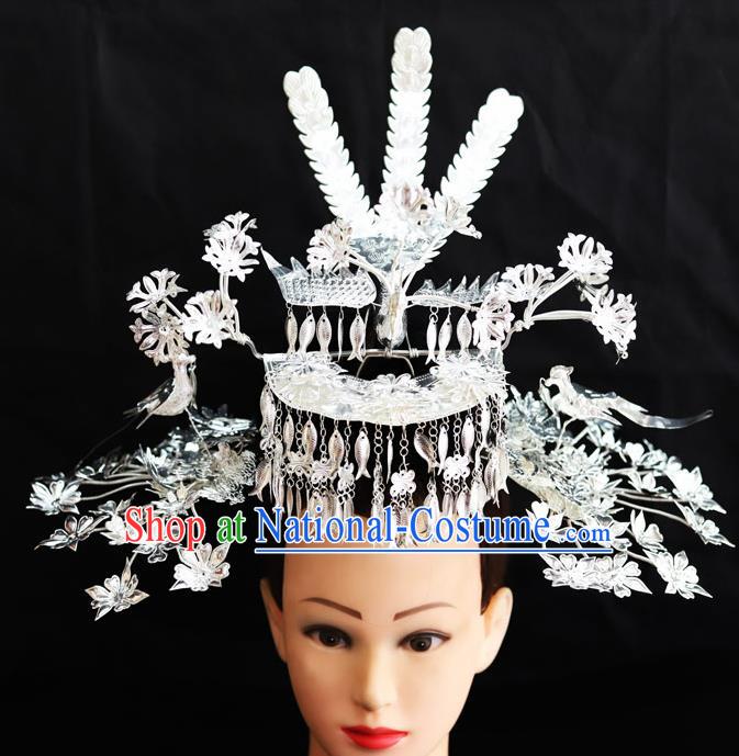 Chinese Traditional Miao Nationality Wedding Phoenix Coronet Hair Accessories Sliver Hairpins for Women