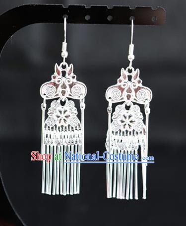 Chinese Traditional Miao Nationality Wedding Accessories Sliver Tassel Earrings for Women