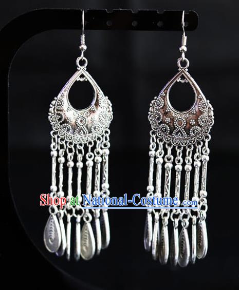 Chinese Traditional Miao Nationality Sliver Ear Accessories Wedding Tassel Earrings for Women