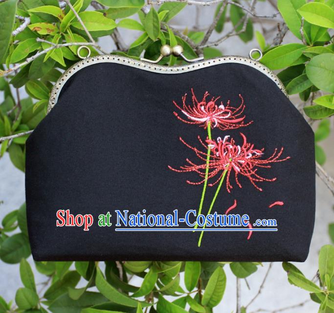 Chinese Traditional Handmade Embroidered Equinox Flower Black Bags Retro Handbag for Women