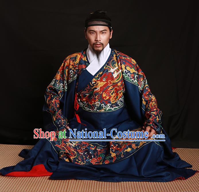 Chinese Traditional Ming Dynasty Imperial Bodyguard Clothing Ancient Blads Embroidered Blue Costumes for Men