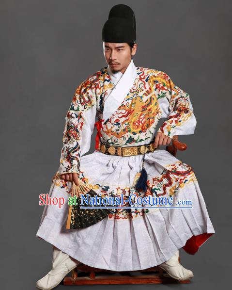 Chinese Traditional Ming Dynasty Imperial Bodyguard Clothing Ancient Blads Embroidered White Costumes for Men