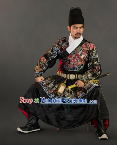 Chinese Traditional Ming Dynasty Swordsman Clothing Ancient Blades Embroidered Black Costumes for Men