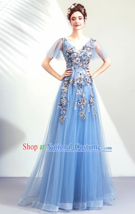 Top Grade Handmade Catwalks Costumes Compere Blue Full Dress for Women