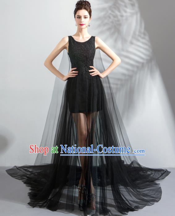 Top Grade Handmade Catwalks Costumes Compere Black Veil Full Dress for Women