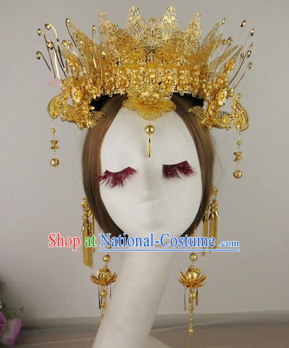 Chinese Traditional Bride Wedding Hair Accessories Ancient Golden Phoenix Coronet Hairpins for Women