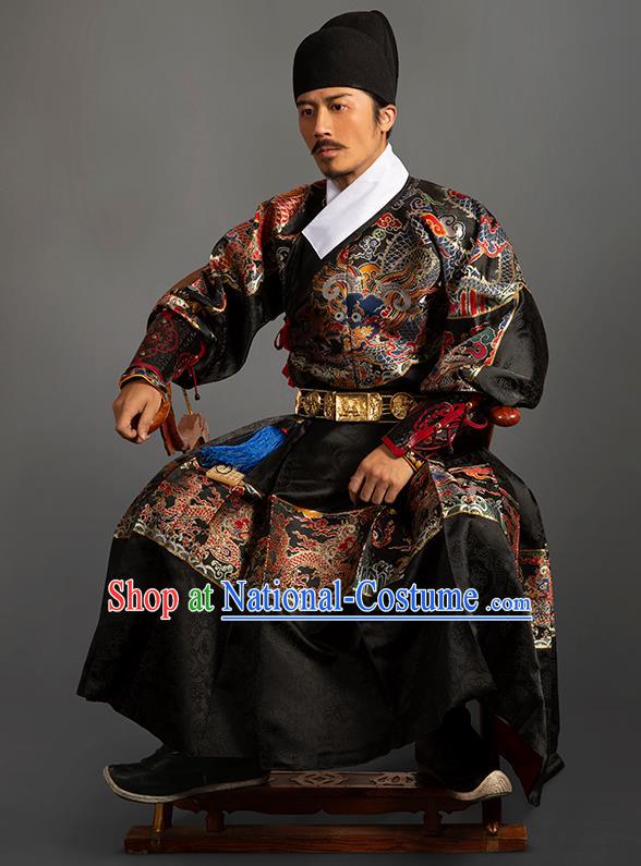 Chinese Traditional Ming Dynasty Blades Clothing Ancient Imperial Guards Embroidered Black Costumes for Men