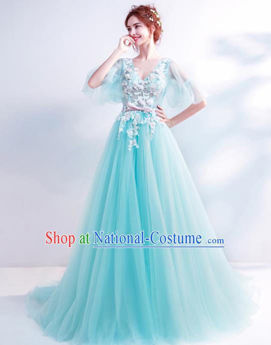 Top Grade Handmade Catwalks Costumes Compere Blue Lace Full Dress for Women