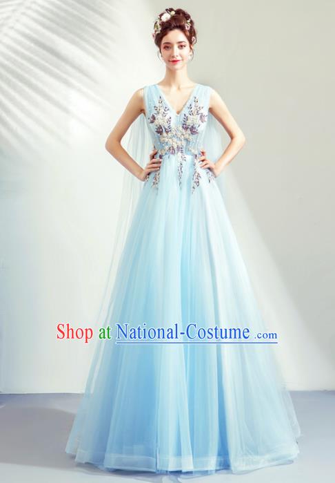 Top Grade Handmade Catwalks Costumes Compere Blue Veil Full Dress for Women