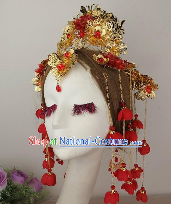 Chinese Traditional Xiuhe Suit Hair Accessories Flowers Tassel Phoenix Coronet Ancient Wedding Hairpins for Women