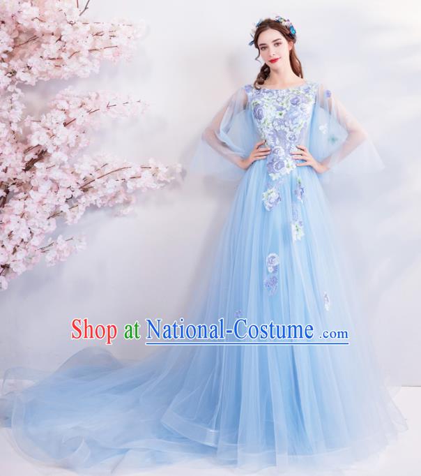 Top Grade Handmade Catwalks Costumes Compere Fairy Flowers Blue Full Dress for Women