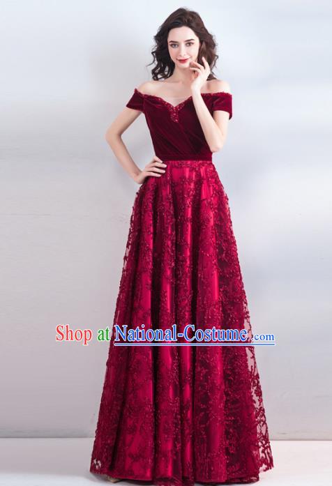 Top Grade Handmade Compere Costume Catwalks Red Velvet Lace Formal Dress for Women