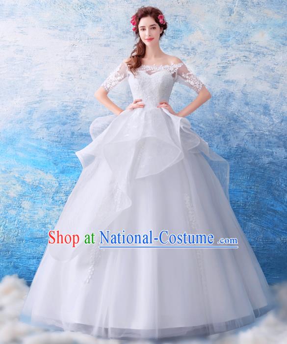 Top Grade Princess Fancy White Wedding Dress Handmade Wedding Gown for Women