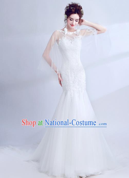 Top Grade Princess Fancy White Lace Wedding Mermaid Dress Handmade Wedding Gown for Women