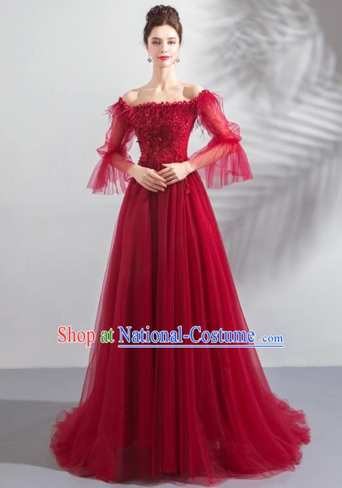 Top Grade Compere Embroidered Costume Handmade Catwalks Bride Wine Red Veil Formal Dress for Women