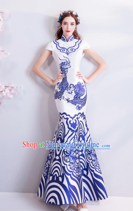 Chinese Traditional White Mermaid Cheongsam Costume Compere Full Dress for Women