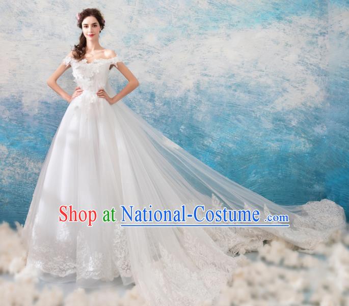 Top Grade Princess Trailing Wedding Dress Handmade Fancy White Wedding Gown for Women