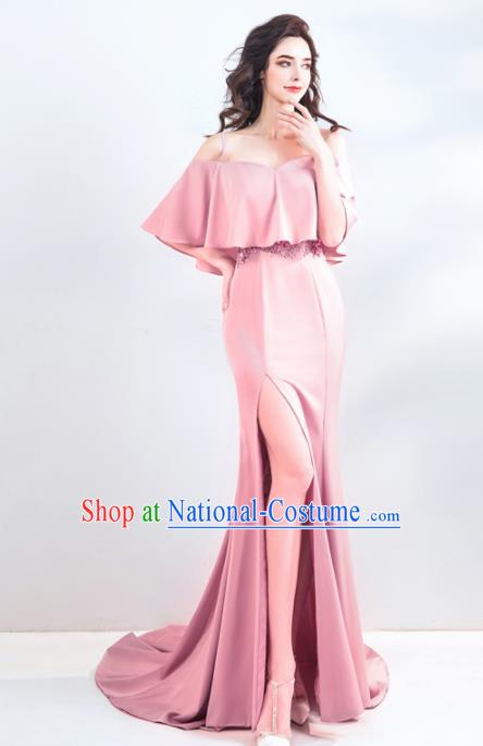 Top Grade Compere Costume Handmade Catwalks Bride Pink Silk Formal Dress for Women