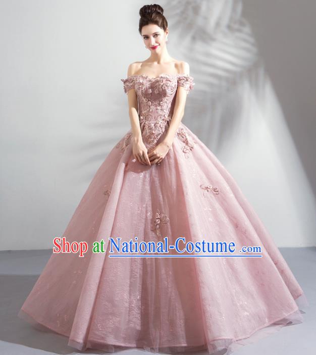 Handmade Top Grade Princess Embroidered Pink Wedding Dress Fancy Wedding Gown for Women