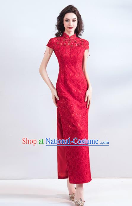 Chinese Traditional Red Cheongsam Wedding Bride Costume Compere Full Dress for Women