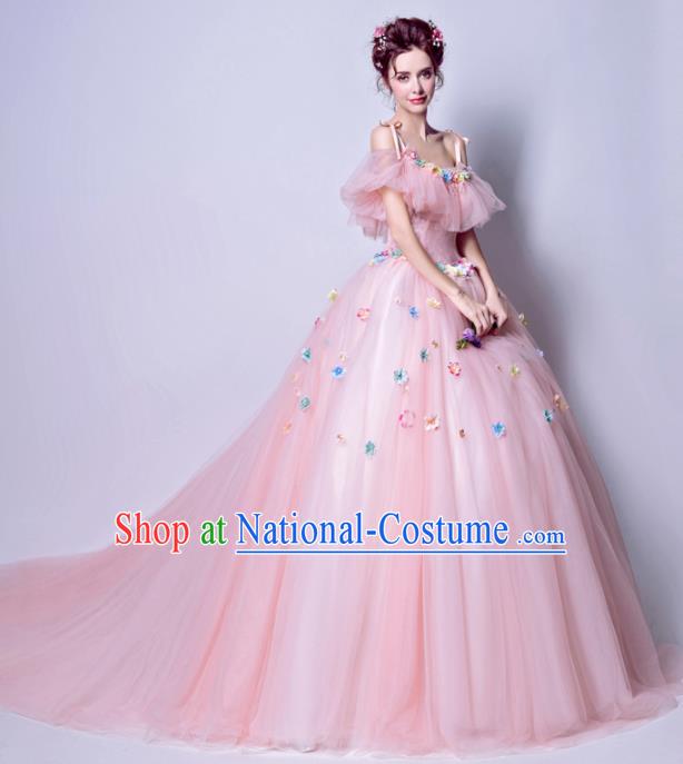 Top Grade Princess Pink Flat Shouders Wedding Dress Handmade Fancy Wedding Gown for Women