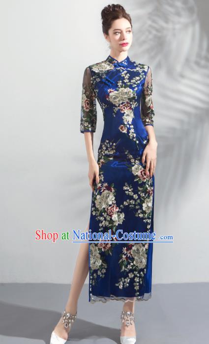 Chinese Traditional Blue Cheongsam Wedding Bride Costume Compere Full Dress for Women