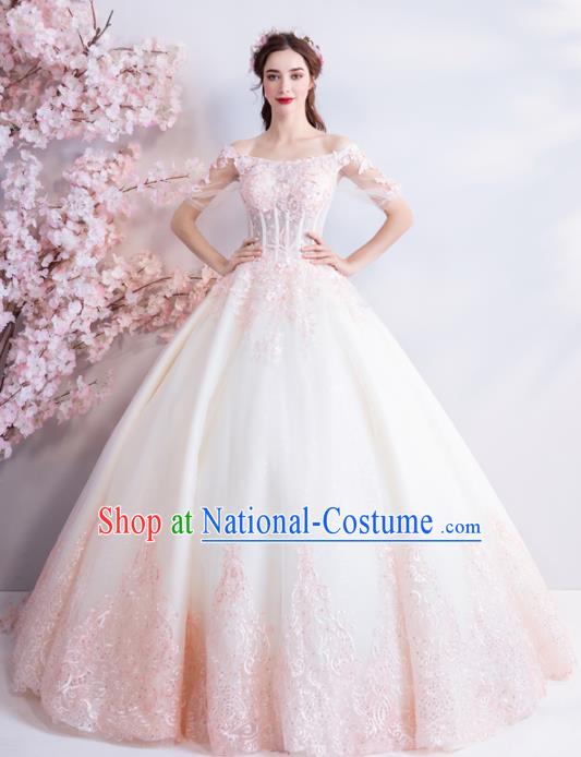 Handmade Top Grade Princess Pink Wedding Dress Fancy Embroidered Wedding Gown for Women