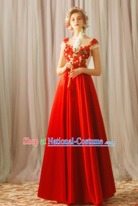 Top Grade Compere Formal Dress Handmade Catwalks Bride Red Full Dress for Women