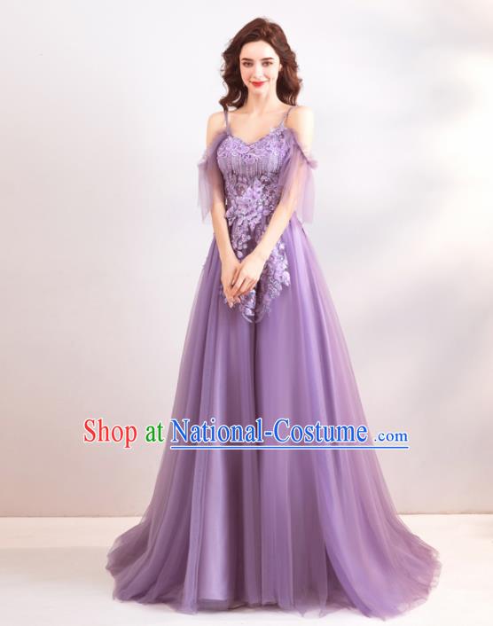 Top Grade Compere Formal Dress Handmade Catwalks Bride Purple Veil Full Dress for Women