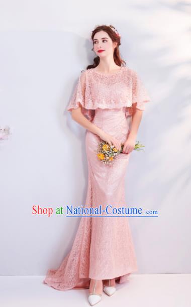 Top Grade Compere Formal Dress Handmade Catwalks Bride Pink Mermaid Full Dress for Women