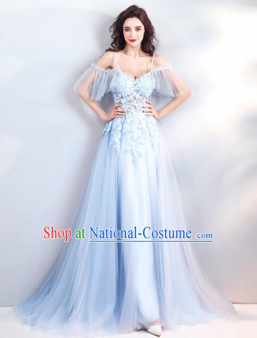 Top Grade Compere Formal Dress Handmade Catwalks Bride Blue Veil Full Dress for Women