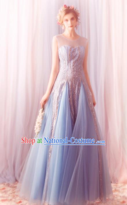 Top Grade Compere Formal Dress Handmade Catwalks Blue Veil Full Dress for Women