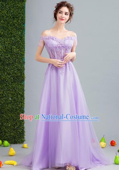 Top Grade Compere Formal Dress Handmade Catwalks Purple Veil Full Dress for Women