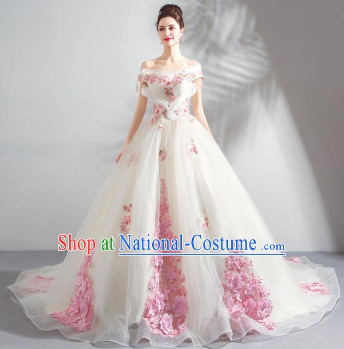 Handmade Top Grade Princess Pink Flowers Wedding Dress Fancy Wedding Gown for Women