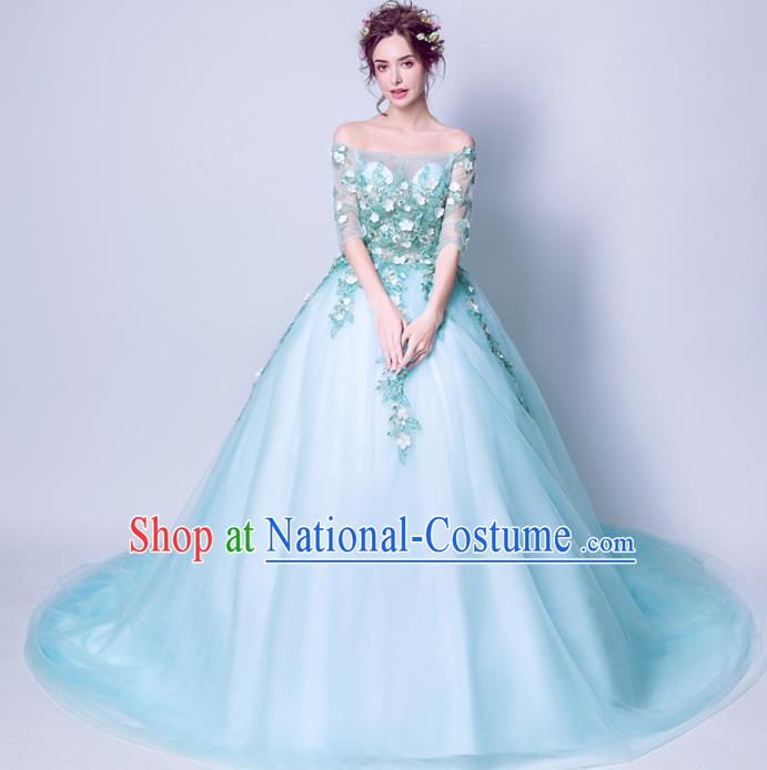 Top Grade Handmade Compere Costume Catwalks Blue Veil Formal Dress for Women