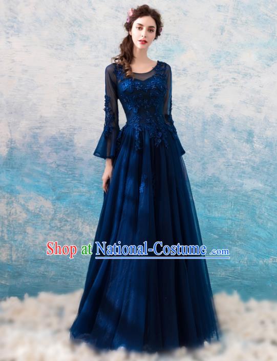 Top Grade Handmade Compere Costume Catwalks Navy Lace Formal Dress for Women