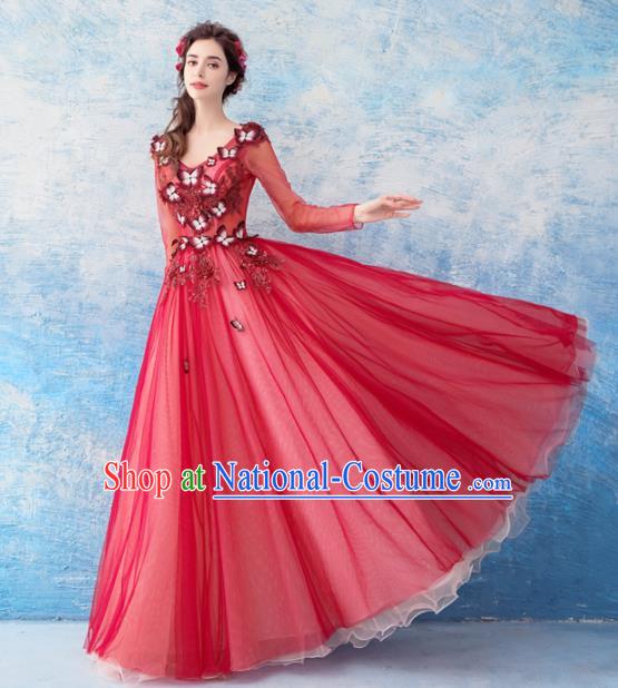 Handmade Princess Red Veil Wedding Dress Fancy Embroidered Wedding Gown for Women