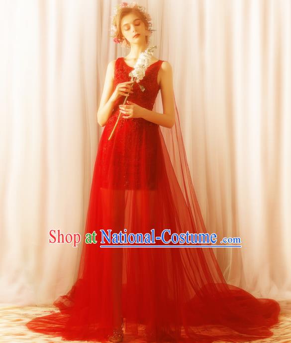 Top Grade Handmade Compere Costume Catwalks Red Veil Trailing Formal Dress for Women