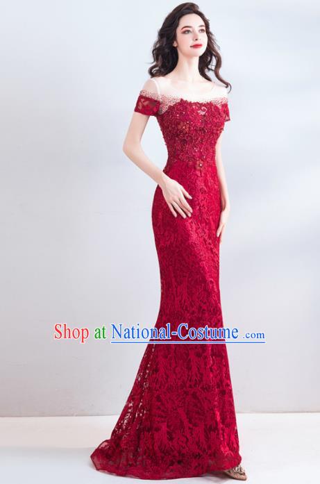 Top Grade Compere Wine Red Lace Costume Handmade Catwalks Formal Dress for Women