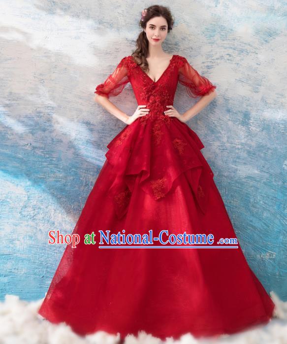 Handmade Top Grade Princess Wine Red Wedding Dress Fancy Wedding Gown for Women