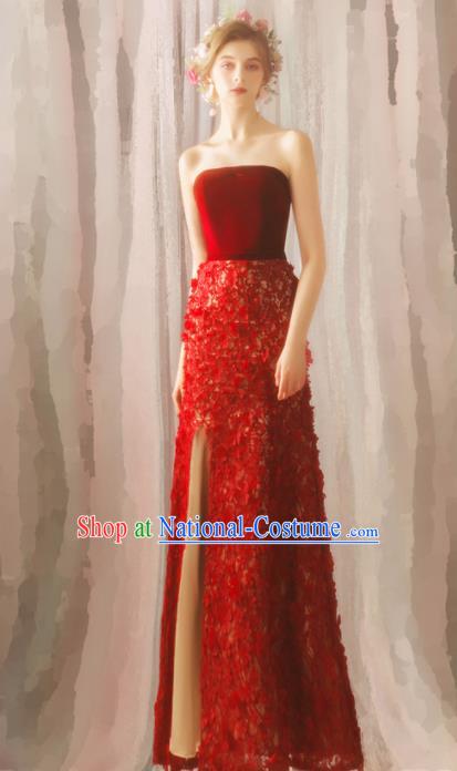 Top Grade Compere Red Velvet Formal Dress Handmade Catwalks Angel Full Dress for Women